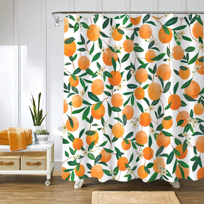 Lifeel Orange Shower Curtain, Allover Fruits Round Citru Pattern Design Waterproof Fabric Bathroom Curtains Set with 12 Hooks, Orange Green 72Ã—72 inch - Image 2